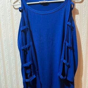 Size XL Cobalt Blue Silky Top with spliced 3/4 Length Sleeves.
